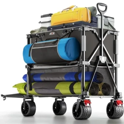Imagen de Overmont Carro Plegable con Ruedas 2 Capas 400L Carrito de Transporte Gran Capacidad Extendible 132CM Carros Grandes para Todo Terrenos Compra Playa Jardín Camping