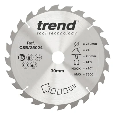 Imagen de Trend CraftPro Hoja de sierra circular TCT uso general, 250 mm diámetro x 24 dientes 30 interior, punta carburo tungsteno, CSB/25024