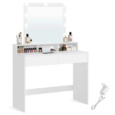 Imagen de VASAGLE Tocador, Luces LED con Brillo Ajustable, Mesa de Maquillaje Espejo, 2 Cajones y 3 Compartimentos, Moderno, Blanco RDT164W01