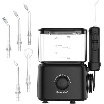 Imagen de Sawgmore irrigador dental eléctrico con 10 niveles de presión ajustables, 600 ml capacidad, oral 5 boquillas multifuncionales para el hogar (negro)