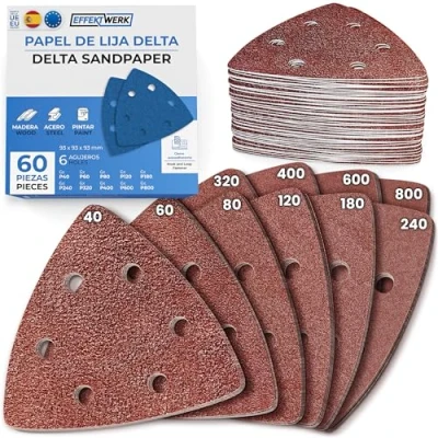 Imagen de Papeles de lija EffektWerk Delta (paquete 60, 6 agujeros), almohadillas lijado triangulares 93 x mm para lijadoras ratón, tamaños grano múltiple (40, 80, 120, 180, 240)