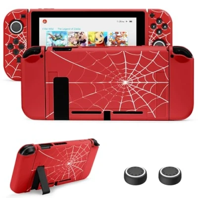 Imagen de JINGDU Funda compatible con Nintendo Switch 2017, accesorio de TPU para consola y Grip Joy Con, protector interruptor 4 agarres el pulgar, telaraña roja