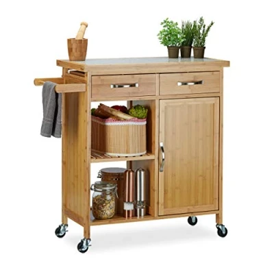 Imagen de Relaxdays Carrito Cocina con Encimera, Cajones y 4 Ruedas, Madera de Bambú Mármol, Marrón, 5 x 36 cm, 85,5 89