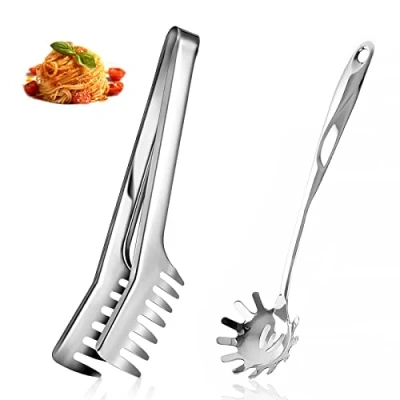 Imagen de Set de Servidor Pasta Acero Inoxidable, Cuchara Espaguetis, Pinzas Para hornear y Cocinar (Juego 2, Plateado)