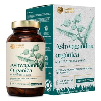 Imagen de Nature Basics® Organic Ashwagandha 180 cápsulas altamente dosificadas y puras 750mg por cápsula 3.000mg dosis diaria Suplemento alimenticio ayurvédico