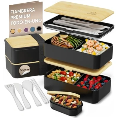 Imagen de Umami Fiambrera Para Comida De Trabajo, Bento Lunch Box Japonés, Con 4 Compartimentos, Cubiertos, Recipientes Salsa, Caja Almuerzo Sin BPA, Apta Microondas, Porta Alimentos 100% Hermética