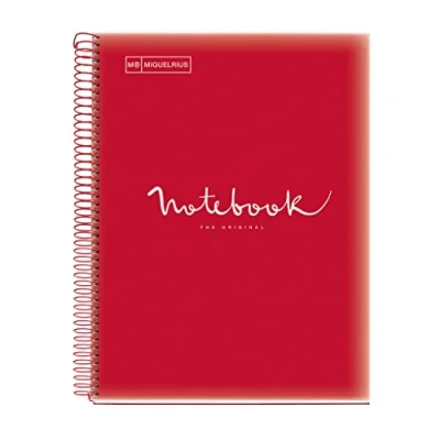 Imagen de Miquelrius Cuaderno A4 Notebook Emotions, 80 Hojas 90 g/m², Rayado Séyès, 1 Franja de Color, Espiral Microperforado, Tapa Polipropileno, 4 Taladros, Color Rojo