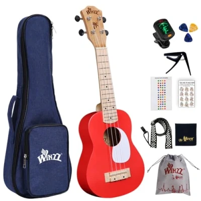Imagen de Winzz Ukelele Soprano Infantil, Set para Niños y Adulto Principiante, con 9 Accesorios, 21 Pulgadas 4 Cuerdas (Color: Rojo, Madera)