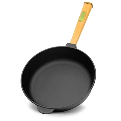 Imagen de Sartén de Hierro Fundido para Freír 24 cm 62 mm alto con mango madera apta barbacoa gas, horno, fogones y todo tipo cocinas, incluida la inducción