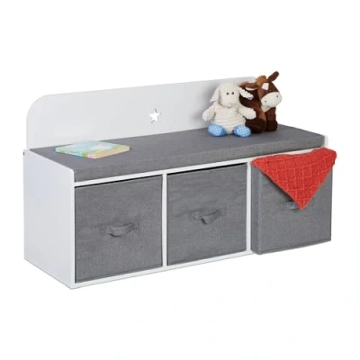 Imagen de Relaxdays Asiento Infantil con Almacenaje de Juguetes, 54 x 99 35 cm, Dormitorio o Pasillo, Banco Niños, Blanco y Gris, Tablero Fibras