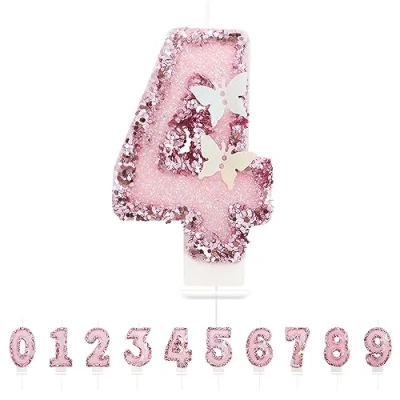 Imagen de velas de cumpleaños con números 4,3D, mariposas, cumpleaños,4, decoración para tartas,