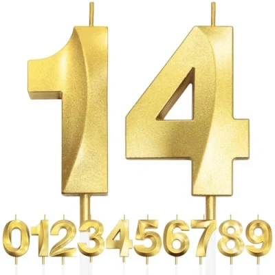 Imagen de 14th Vela de Cumpleaños con Purpurina Dorada y Diseño 3D Número 14, Velas Números, Decoración Tarta, Tarta para Fiesta Cumpleaños, Aniversario Boda,