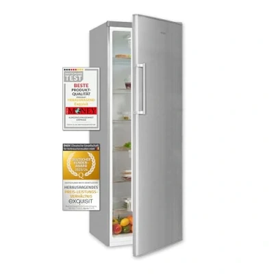 Imagen de Exquisit® Frigorífico Vertical, 331L, Clase E, Material Acero Inox, 1 Puerta, Tiradores Externos, Estantes de Cristal, Cajon Verdulero, Luz LED, Consumo 114 kWh/año, Medidas 173x60x60 Cm.