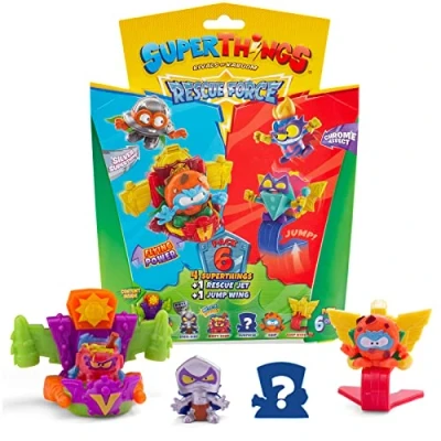 Imagen de Rivals of Kaboom 8431618019634 Superthings Serie Rescue Force, Este Pack Incluye 4 Figuras coleccionables (1 capitán Plateado Sorpresa y un SuperThing con Efecto Cromado) + 1 Jet Jump Wing