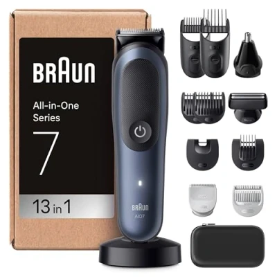 Imagen de Braun Todo En Uno Series 7 AIO7565, Kit De Styling 13en1, ProBlade &amp; AutoSense, 120 Min, SkinGuard Degradado Barba, AquaGrip Para Uso Bajo El Agua, Azul