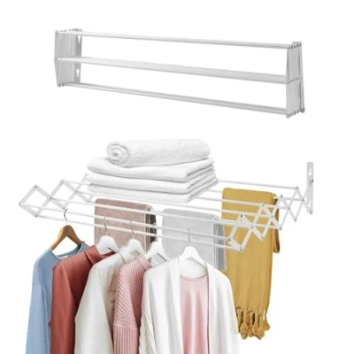 Imagen de SHANN Tendedero Extensible Pared 100cm Plegable de Interior o Exterior Acero Blanco Tendedro con 9 Barras y 7 Metros tendido