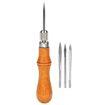 Imagen de Punzón de coser cuero reemplazable 4 en 1 con mango madera Kit herramientas reparación punzonado cosido a mano