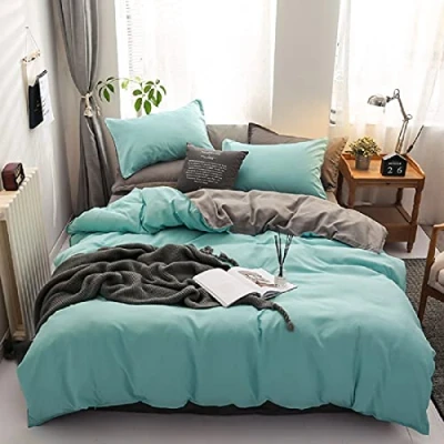 Imagen de Gezu funda nórdica de 140 x 200 cm, color azul claro, gris liso, reversible, juego cama microfibra con 1 almohada 65 cremallera, para persona