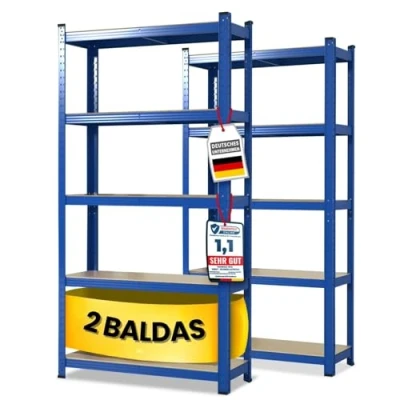 Imagen de KARAT estantería para cargas pesadas, juego de 2 unidades sin tornillos, sótano, almacenamiento, con certificación TÜV/GS, 5 estantes ajustables (azul, 50 x