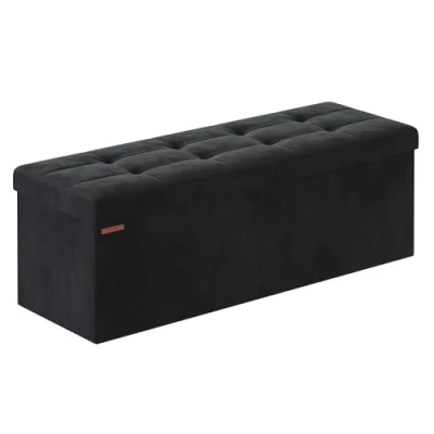 Imagen de SONGMICS Puff Almacenaje, Baúl de Almacenaje Plegable, 38 x 110 cm, Taburete Reposapiés, Banco Cubo, Soporta hasta 300 kg, para Sala Estar, Dormitorio, Entrada, Negro Tinta LSF277B01