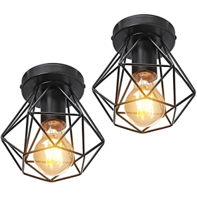 Imagen de iDEGU 2 Piezas Lámparas de Techo Vintage Ø16cm E27 Iluminación Plafon Retro Colgante Industrial Estilo Jaula Geométrica en Metal Luz Para Pasillo Dormitorio (Jaula A, Negro)