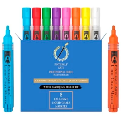 Imagen de Pinturale Arts Rotuladores Tiza Líquida Set 8 Colores Cristal Borrable Punta 3mm Para Ventanas, Pizarra, Borrado Fácil En Seco