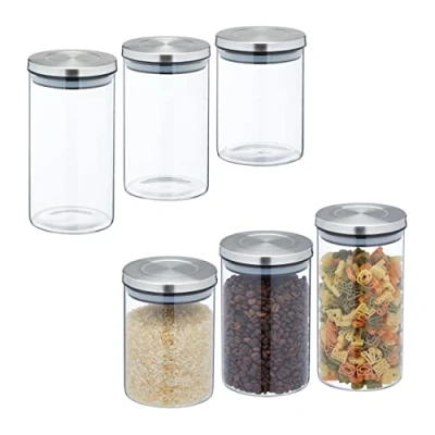 Imagen de Relaxdays Botes Cristal, Juego de 6, Recipientes Cocina, Tapa Acero Inoxidable, Tarros Herméticos, Transparente/Plata, 650 ml, 800ml y 1L