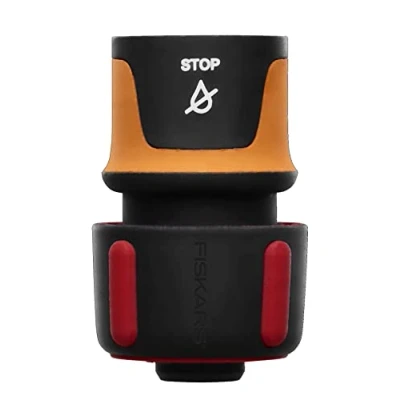 Imagen de Fiskars Conexión para mangueras, Con mecanismo de parada, Puntos contacto SoftGrip, Tamaño universal, Ø 1,9 cm (3/4&#039;&#039;), 42 g, Negro/naranja/rojo, 1027081