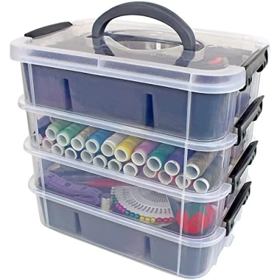 Imagen de Bins &amp; Things Cajas de plástico apilables con 2 bandejas Compartimentos para trabajos manuales, perlas tapa coser