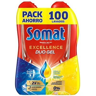 Imagen de Somat Excellence Gel Lima y Limón (100 lavados), lavavajillas líquido automático en botella, detergente desengrasante, elimina la suciedad incrustada