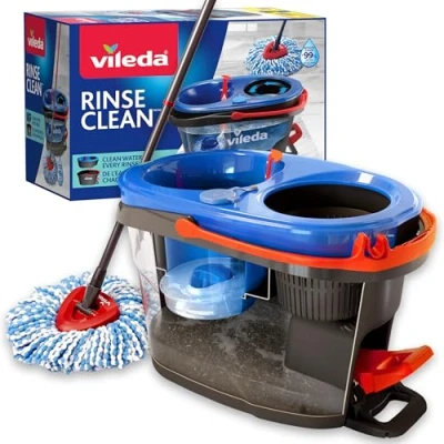 Imagen de Vileda RinseClean Sistema de fregona giratoria, Separa el Agua Limpia y la Sucia, escurrido sin Esfuerzo, Juego Cubo Microfibra, Color Gris
