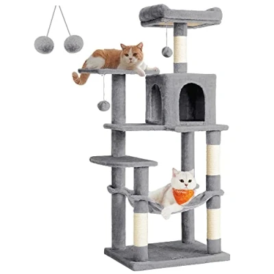 Imagen de Feandrea Rascador para Gatos, Árbol Altura 143 cm, Torre de con 4 Postes Rascadores, 2 Plataformas, 1 Cueva, Hamaca, Pompones, Tela Felpa, Multinivel, Gris Claro PCT161W01