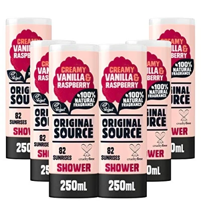 Imagen de Original Source gel de ducha leche y frambuesa con fragancia 100% natural, vegano, sin parabenos, multipack 6 x 250 ml