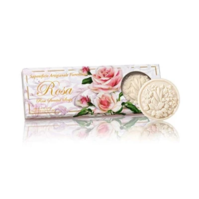 Imagen de jabón Rosa, caja de regalo 3 barras redondas hechas a mano talladas con flores, x 125g
