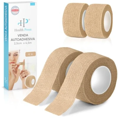 Imagen de Health Press® Venda para Dedos Auto adhesiva 4 Rollos Beige (2,5cm x 4,5m) Impermeable Vendaje Elástico de Fijación Cinta Resistente al Polvo, Grasa y Suciedad Manos
