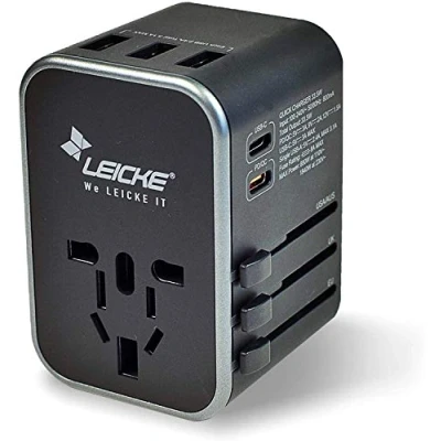 Imagen de LEICKE Adaptador de Viaje Universal, Enchufe Accesorios 6,5 A para 3 Conexiones USB y 2 Tipo C más 224 países con enchufes USA/UK/AUS/EU, TÜV