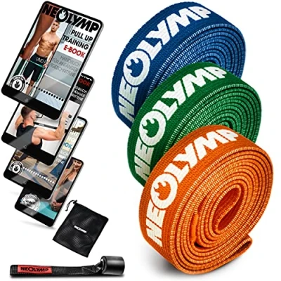 Imagen de NEOLYMP Bandas elasticas Fitness + Libro electrónico con más de 100 Ejercicios (Juego 3 Azul/Verde/Naranja) Cintas musculacion Resistencia