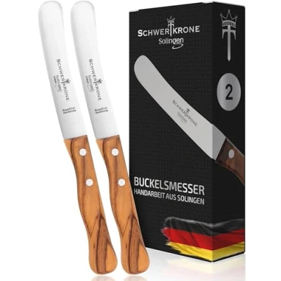 Imagen de Schwertkrone Juego de 2 cuchillos Buckelsmesser El original Cuchillo desayuno Solingen Acero inoxidable, Dwünschliff, madera olivo para panecillos