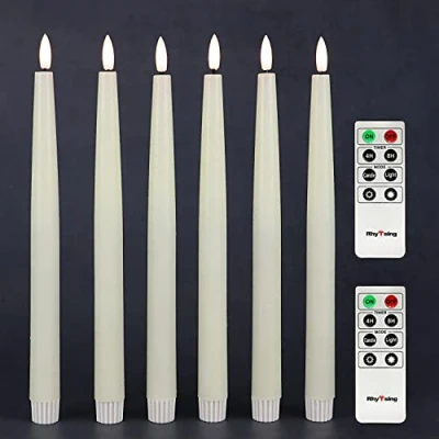 Imagen de Rhytsing 6 cera Velas largas LED sin llama con temporizador, a Pilas diseño rústico para candelabros, blanco cálido, 2 Mandos distancia incluidos, Altura 29cm (marfil)