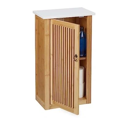 Imagen de Relaxdays Mueble de Baño con Puerta, Armario Pared Baldas, 60 x 34,5 21 cm, Bambú y MDF, Natural Blanco, Tablero Fibras