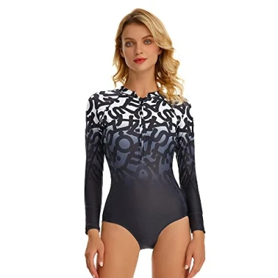 Imagen de Beachkini Traje de baño para Mujer con protección Solar, Manga Larga, Ropa Surf una Pieza Cremallera,Gradiente Letra,S