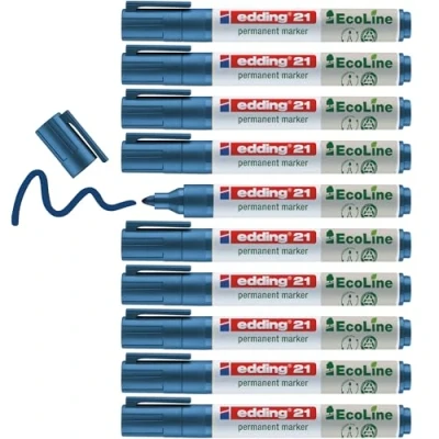 Imagen de edding 21 EcoLine marcador permanente azul 10 rotuladores punta redonda 1,5 3mm indeleble de secado rápido resistente al agua y los borrones cartón plástico madera metal tela universal