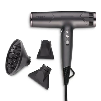 Imagen de Secador de pelo MEDION HD2 (tecnología iónica, 1.500 vatios, difusor versátil y boquillas peinado, motor BLDC larga duración, función autolimpieza, cable alimentación largo) gris