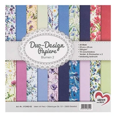 Imagen de Ideen mit Herz Papeles Duo Design bloc con 20 hojas de papel craft 25 x cm 250g/m² impreso por ambas caras diseño, motivos ideal para scrapbooking (Flores 02)