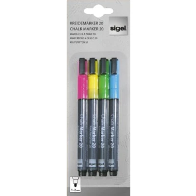 Imagen de SIGEL GL179 Juego de 4 rotuladores tiza líquida 20, borrables. puntas ojiva Ø 1 a 2 mm, azul, verde, amarillo, rosa