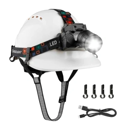 Imagen de Mustbau EN397 Casco de Seguridad, con Faro LED Sensor Gesto, 10W Lámpara Super Brillante Adecuado para Obras Construcción, Trabajo Nocturno, Pesca (Blanco)