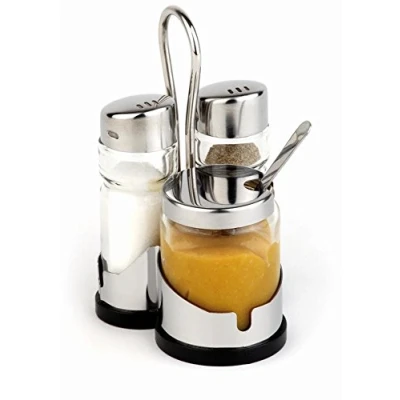 Imagen de Salero y pimentero &quot;económico&quot; APS, 3 piezas con recipiente de acero inoxidable Salero, cristal transparente tapa tapón rosca, tercer para la mostaza, 8 x 8,5 cm, 13 cm altura