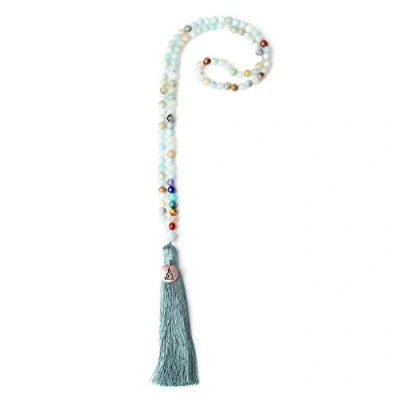 Imagen de COAI Collar de Piedras Semipreciosas 108 Cuentas Mala Chakras Amazonita Piedra Natural Adorno Buda 6mm