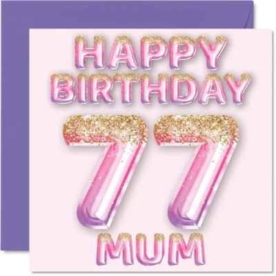 Imagen de Tarjeta de cumpleaños número 77 para mamá, globos purpurina rosa y morada, tarjetas feliz madre hijo e hija, 145 mm x mm, felicitación regalo
