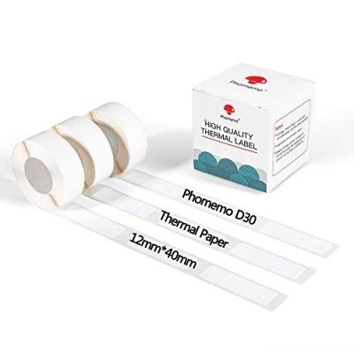 Imagen de Phomemo D30 Etiquetas térmicas adhesivas blancas, 12 x 40 mm, 3 rollos